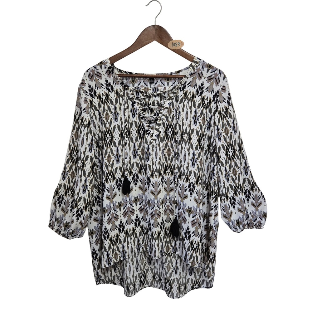 Sami & Jo Womens XL Ikat Print Laceโ Up Tassel Blouse 3/4 Sleeve High Low Top
